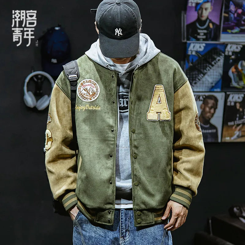 Graphic Long Sleeve Button Front Casual Varsity Style Jacket