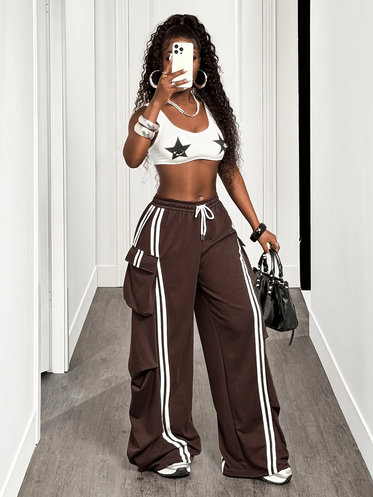 Women's Brown Wide Leg Cargo Pants with Contrast Side Stripes