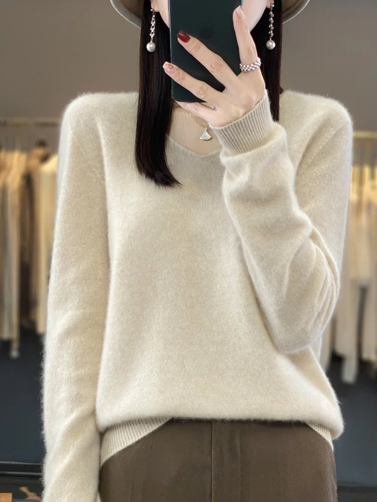 Women's V Neck Long Sleeve Sweater Casual Knit Layer