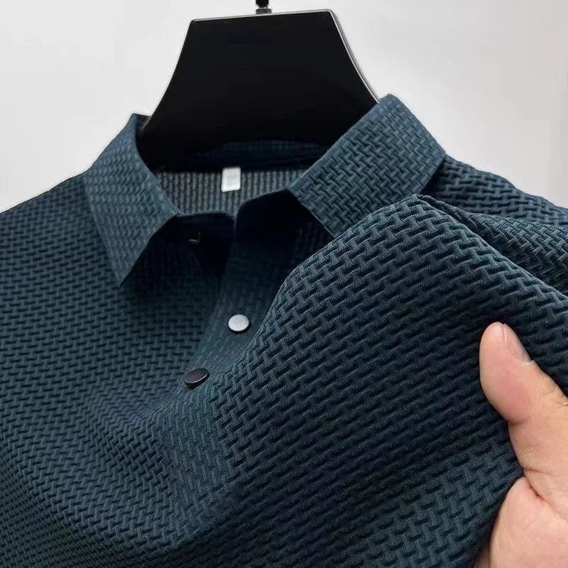 Men's Textured Short-Sleeve Polo Shirt with Collar and Button Placket
