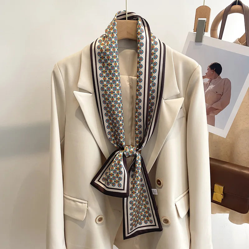 Printed Long Narrow Scarf with Decorative Ribbon Shape