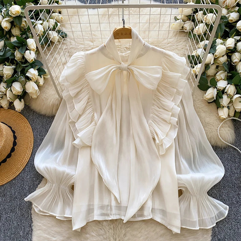 Women's Bow Neck Ruffled Long Sleeve Blouse