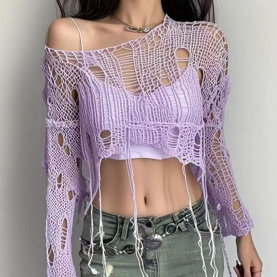 Women's Distressed Open Knit Cropped Pullover Crop Top