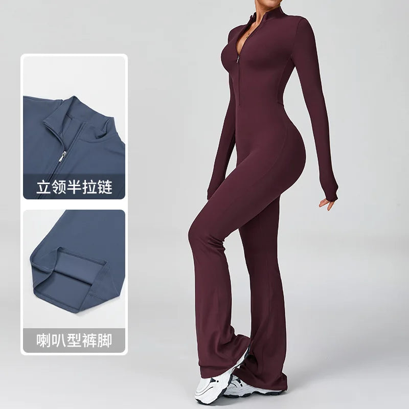 Women's Long Sleeve Nylon Blend Flared Workout Jumpsuit with Front Zipper