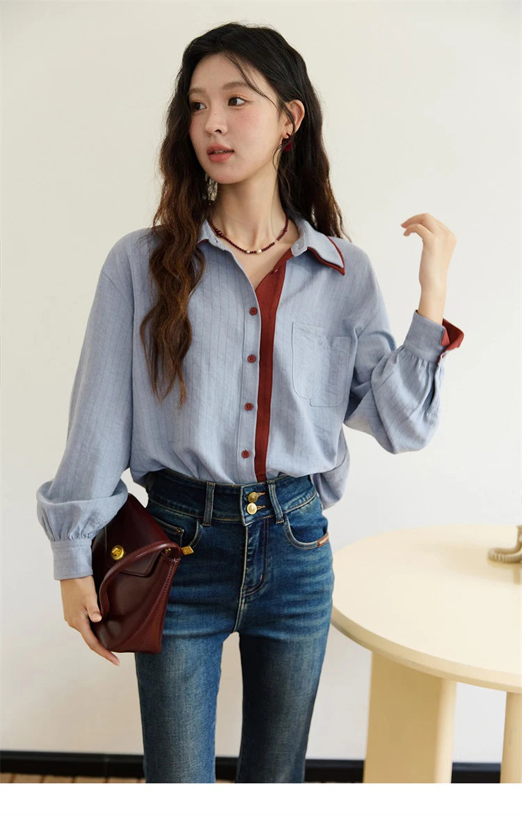 Women's Striped Shirt with Contrast Collar and Buttons