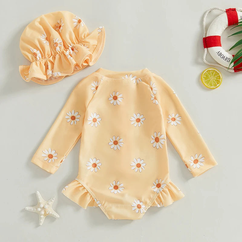 Baby Girls' Floral Long Sleeve Zip-Front Swimsuit with Hat