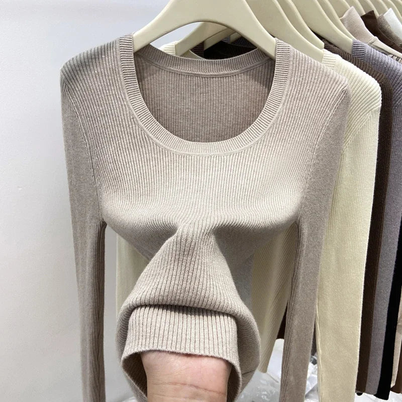 Women's Scoop Neck Ribbed Long Sleeve Sweater Casual Knit Layer