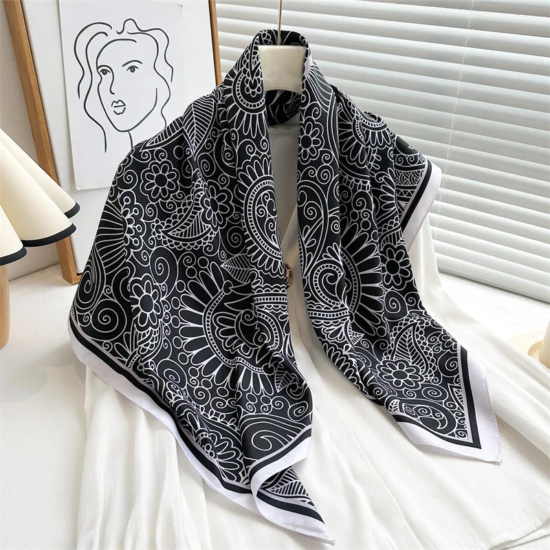 Printed Large Square Scarf with Decorative Border Designs