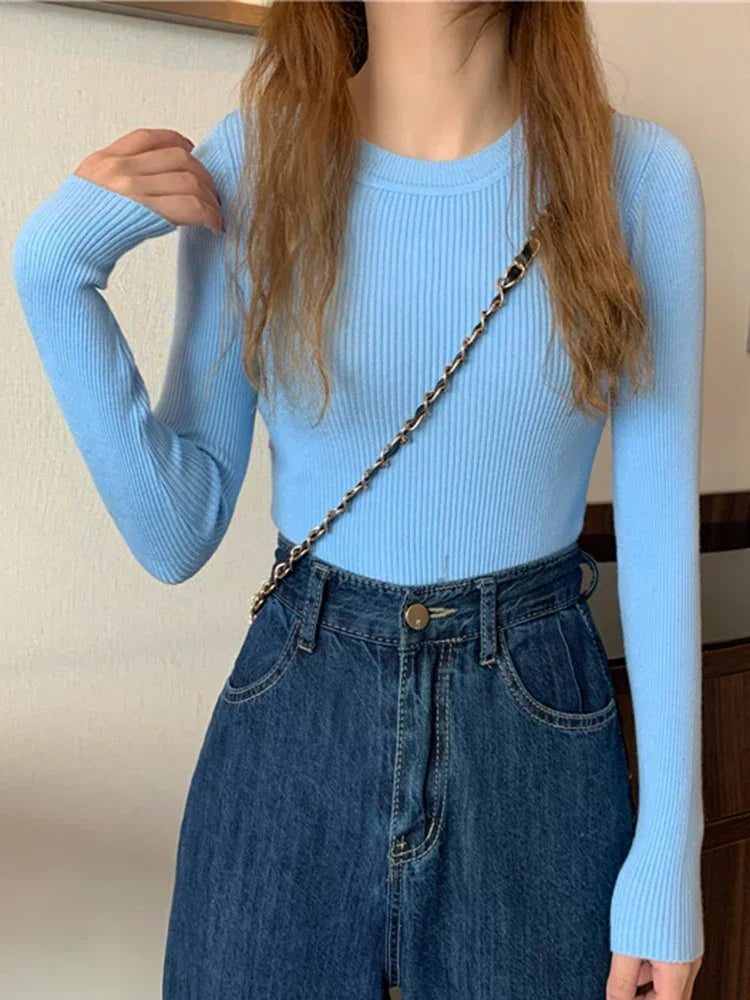 Women's Acrylic-Cotton Solid Long-Sleeve Crewneck Slim-Fit Knit Pullover Sweater for Everyday Outfits