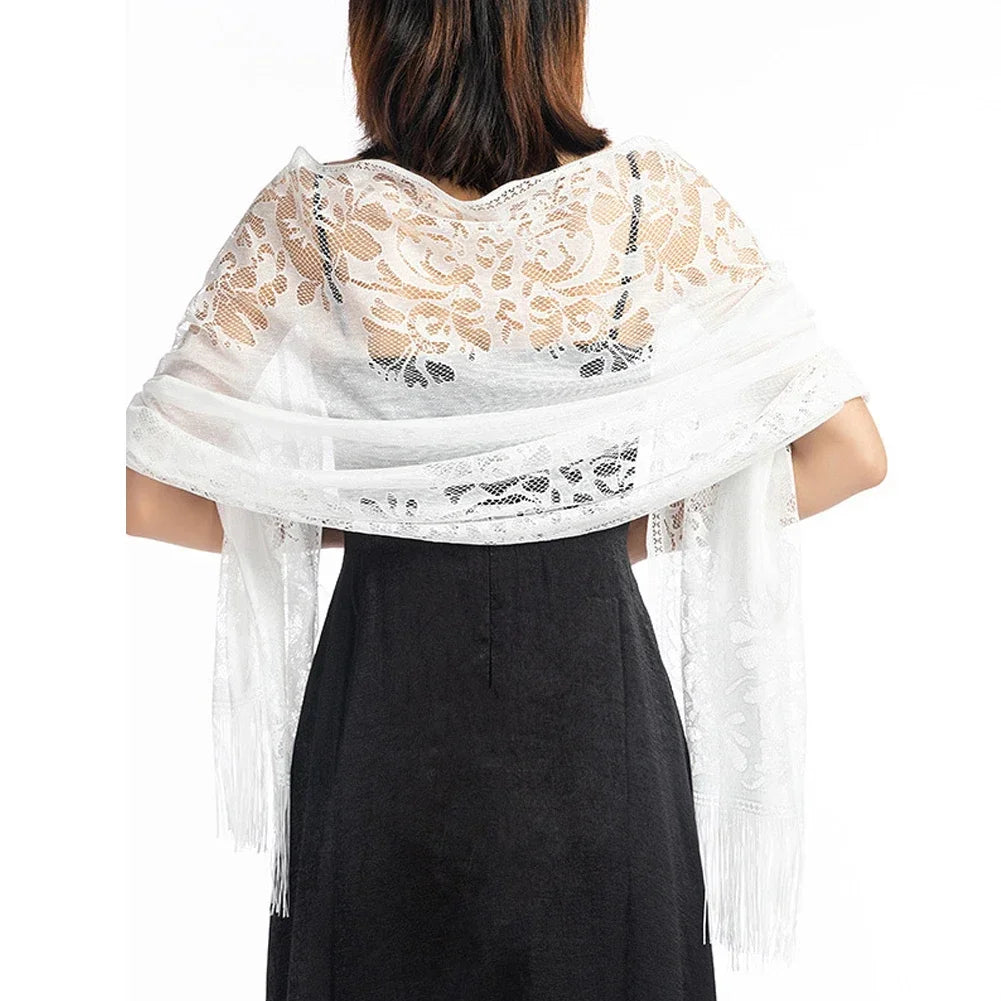 Floral Lace Fringed Wrap Scarf for Layering over Outfits