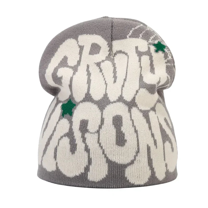 Graphic Knit Beanie with Letter and Pattern Style Options
