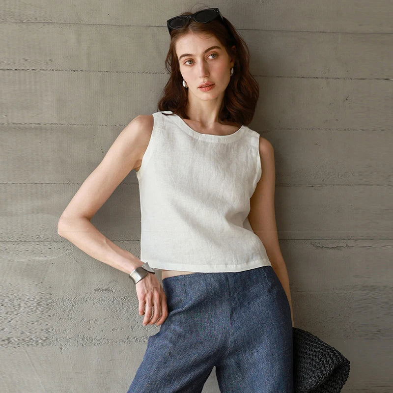 Women's Linen Sleeveless Cropped Tank Top with Button Detail for Casual Outfits