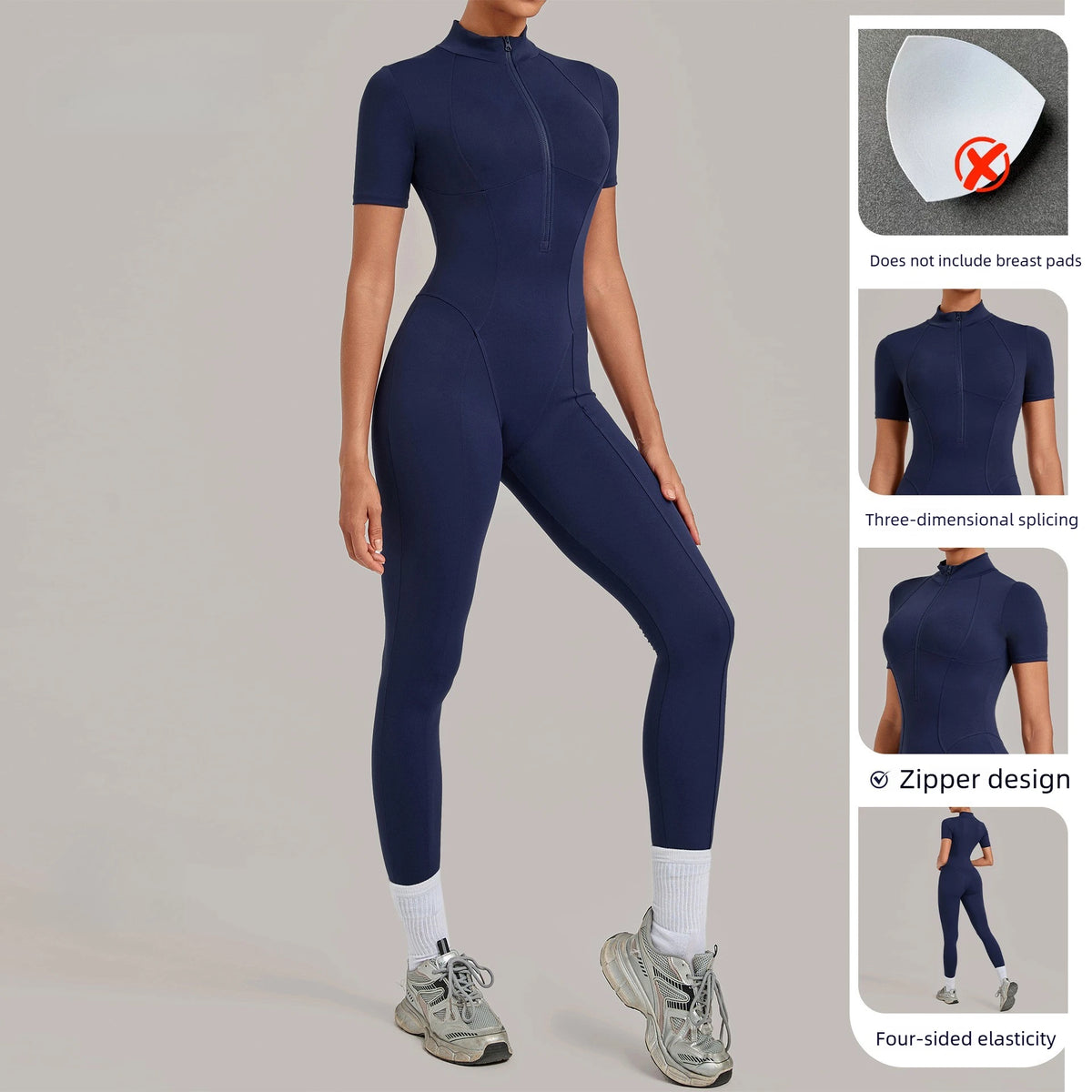 Women's Short Sleeve Nylon Blend Workout Jumpsuit with Stand Collar Zip