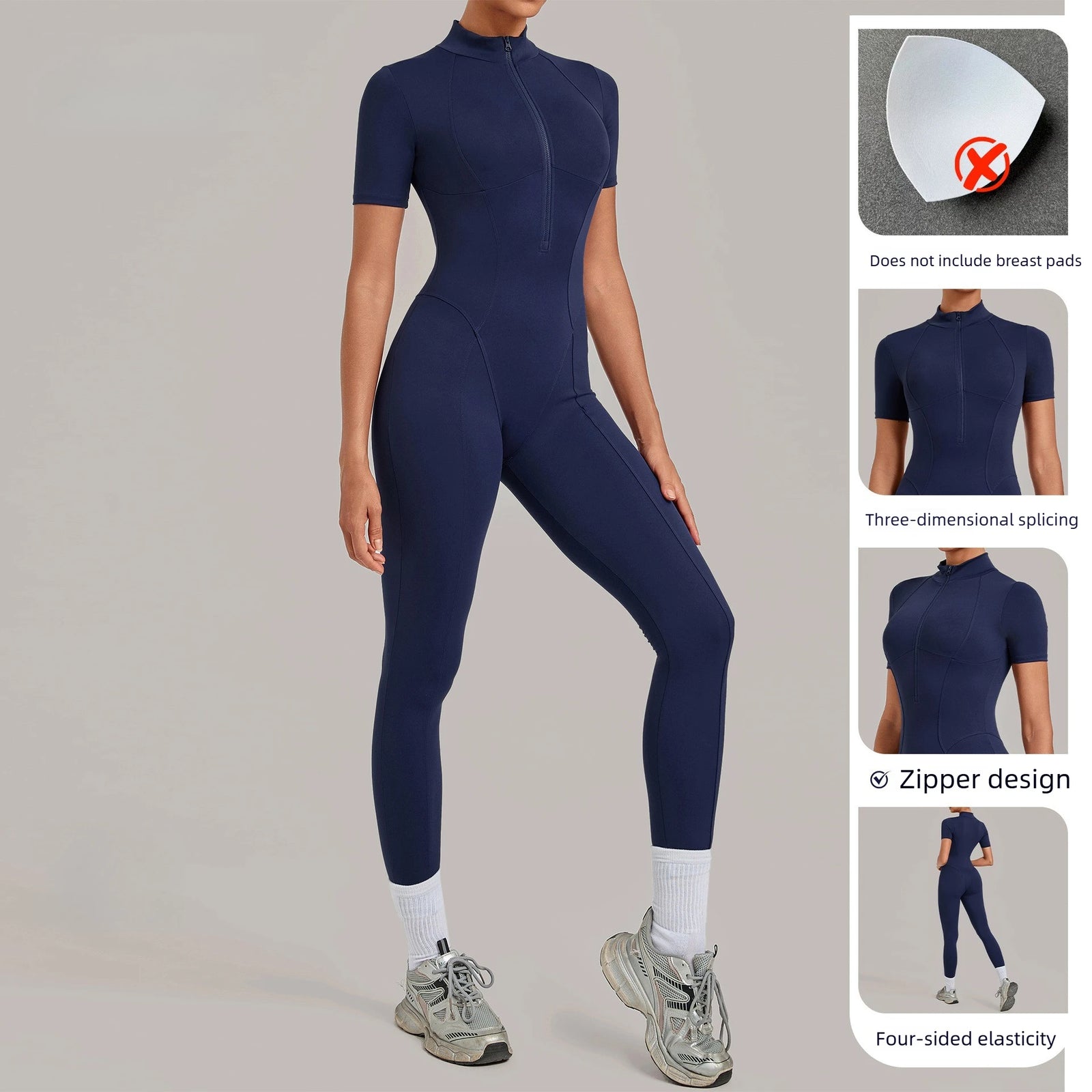Women's Short Sleeve Nylon Blend Workout Jumpsuit with Stand Collar Zip