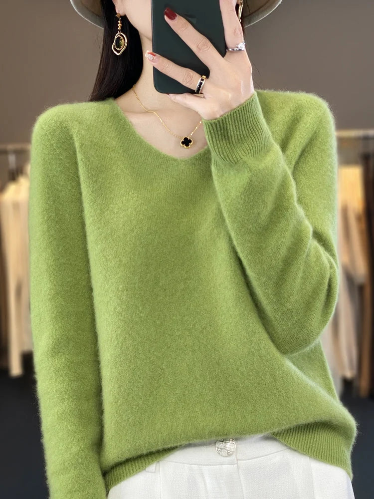 Women's V Neck Long Sleeve Sweater Casual Knit Layer