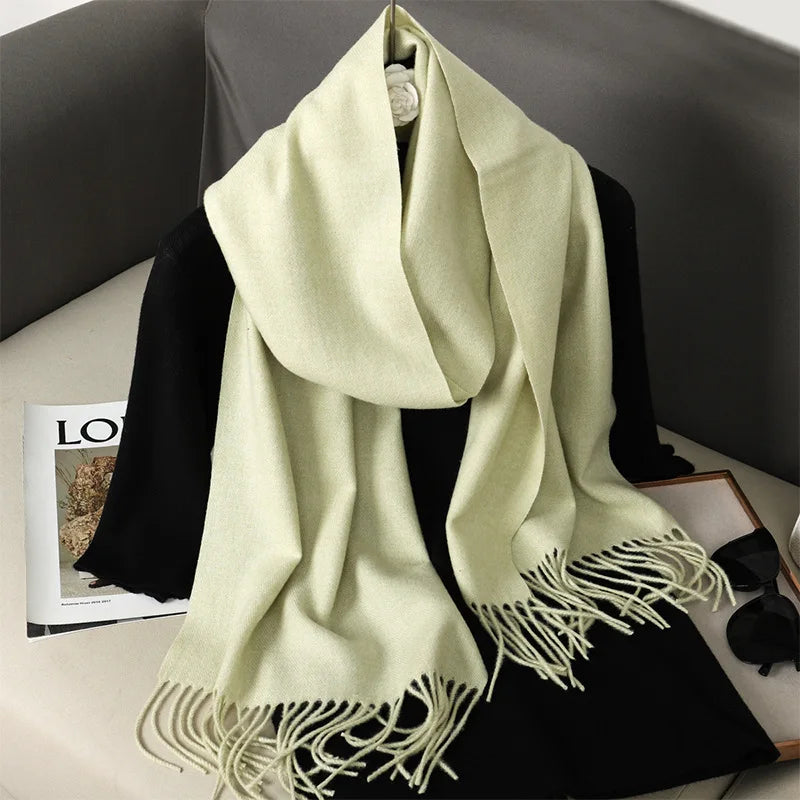 Solid Long Rectangular Scarf with Decorative Fringe Trim
