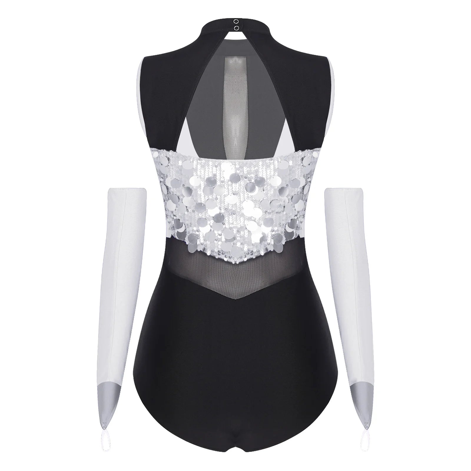 Women's Sequin Mesh Dance Leotard with Coordinating Long Glove Accessories