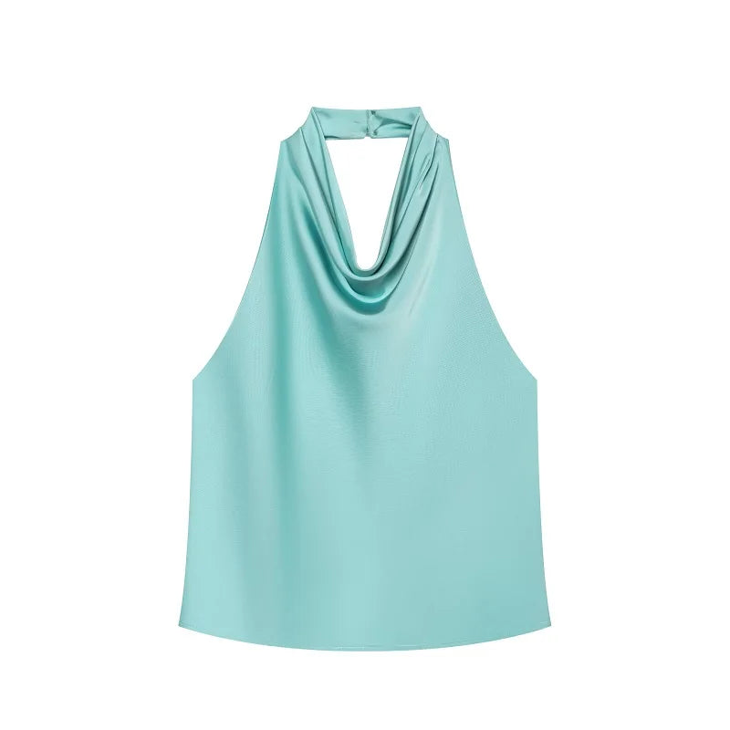 Women's Satin Polyester Halter Camisole with an Open Back and Draped Front