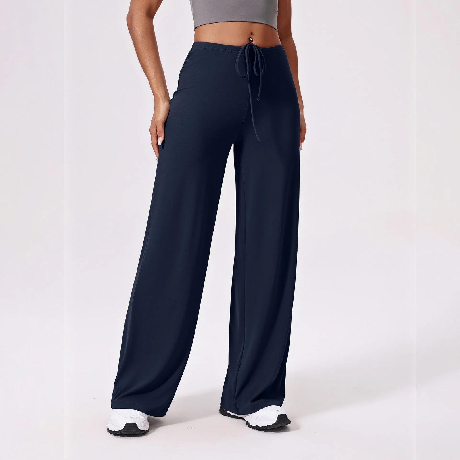 Women's High Waist Nylon Blend Palazzo Pants with Flowing Wide Legs