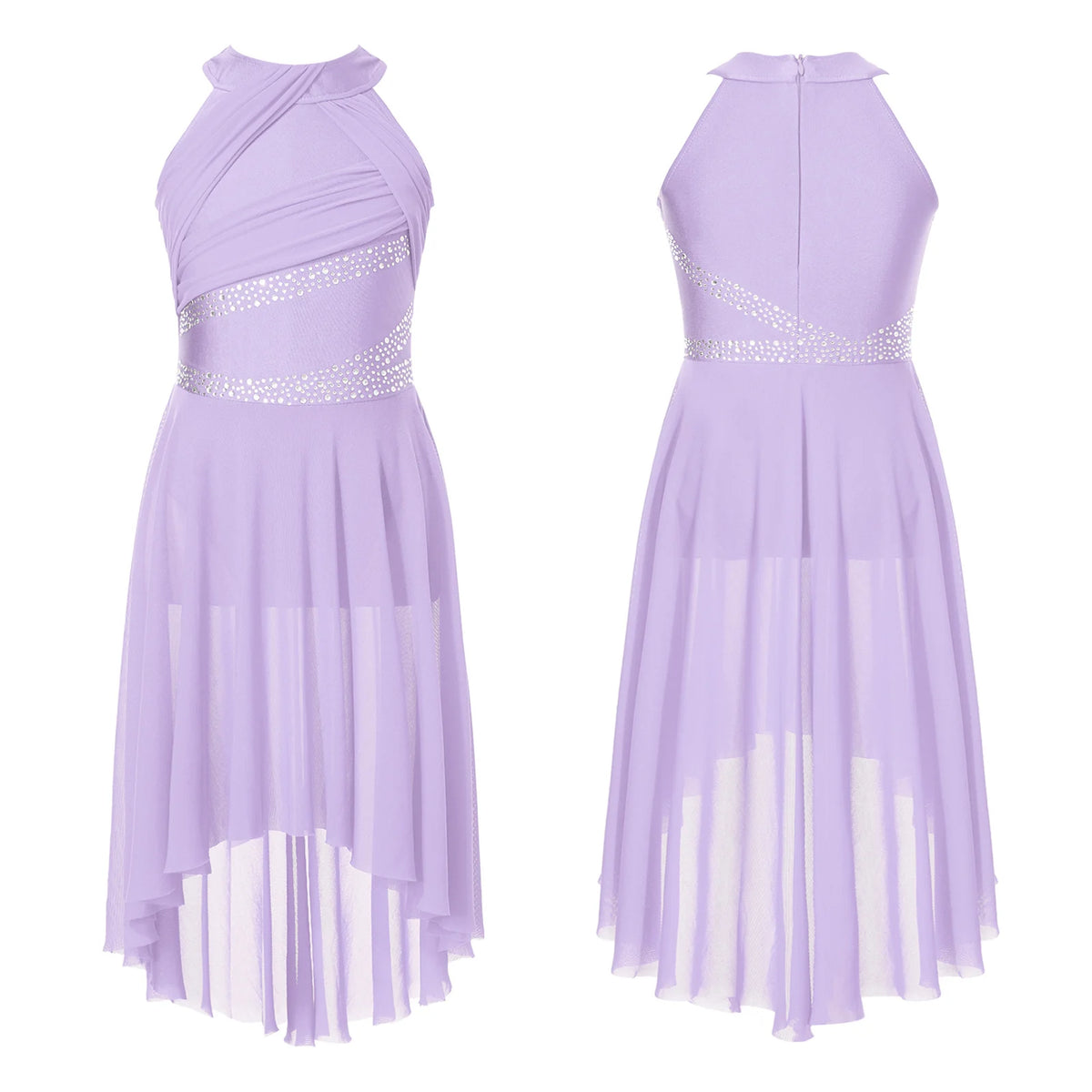 Girls' Sleeveless Rhinestone Ballet Dress with Asymmetric Mesh Skirt Overlay