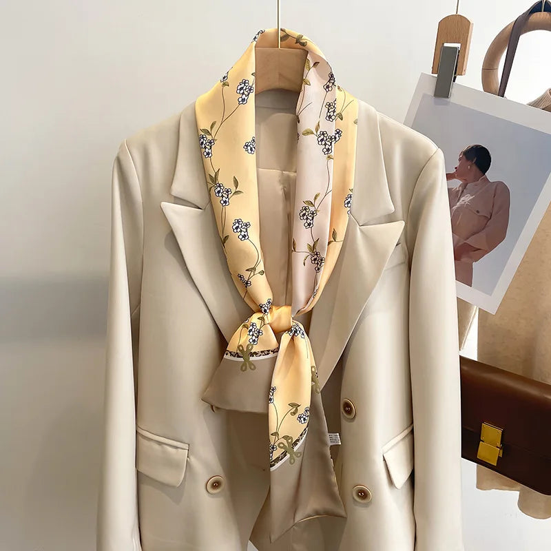 Printed Long Narrow Scarf with Decorative Ribbon Shape