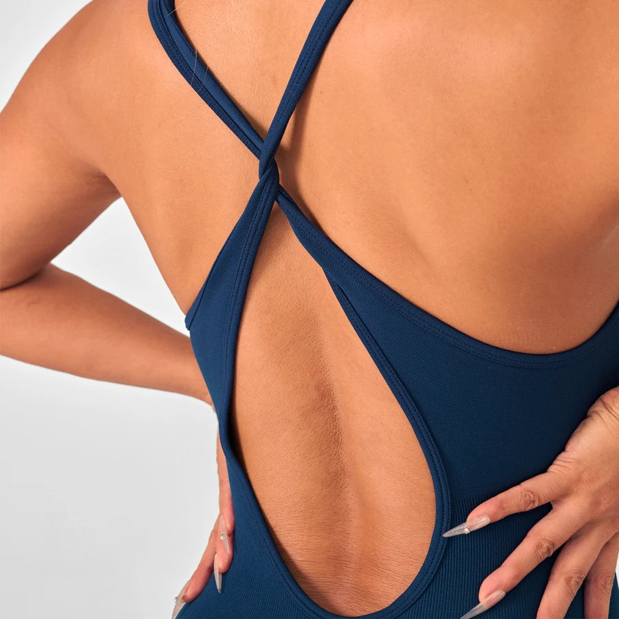 Women's Scoop Neck Nylon Blend Workout Romper with Crisscross Back Straps