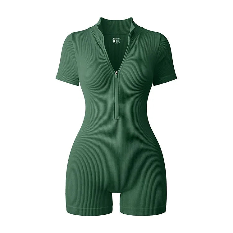Women's Short Sleeve Nylon Blend Romper with Collar and Front Zip