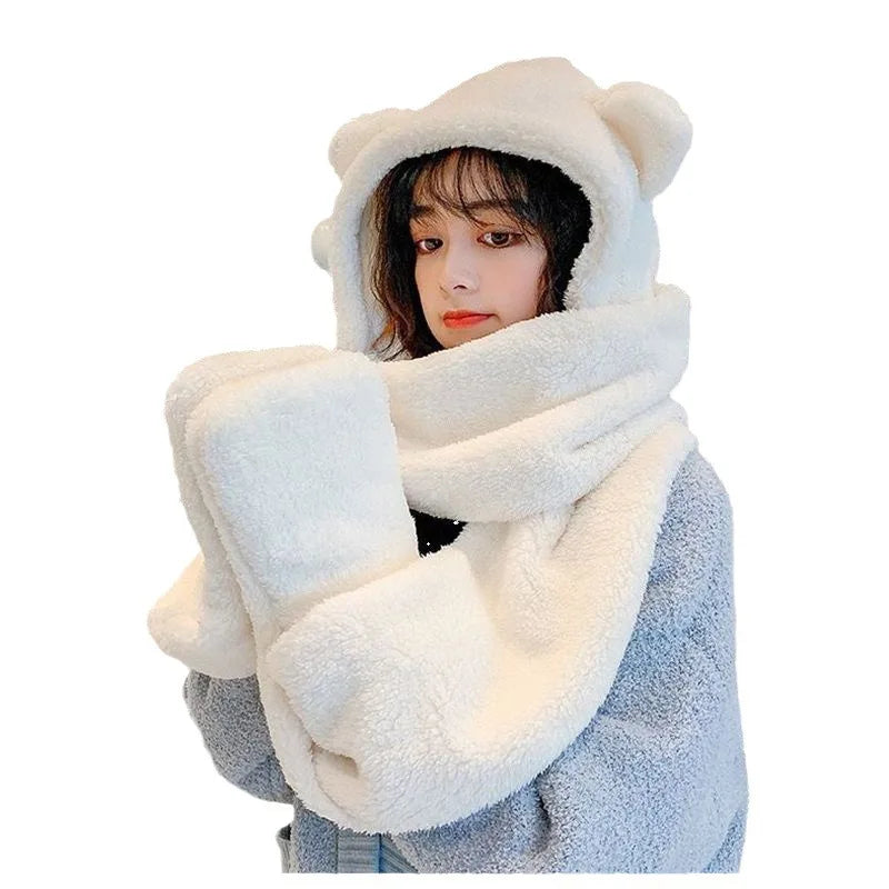 Teddy Bear Plush Hooded Hat Scarf and Gloves Integrated Winter Set
