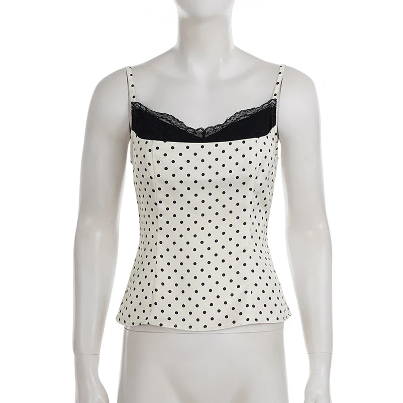 Women's Polka Dot Camisole with a Lace Panel and Thin Straps