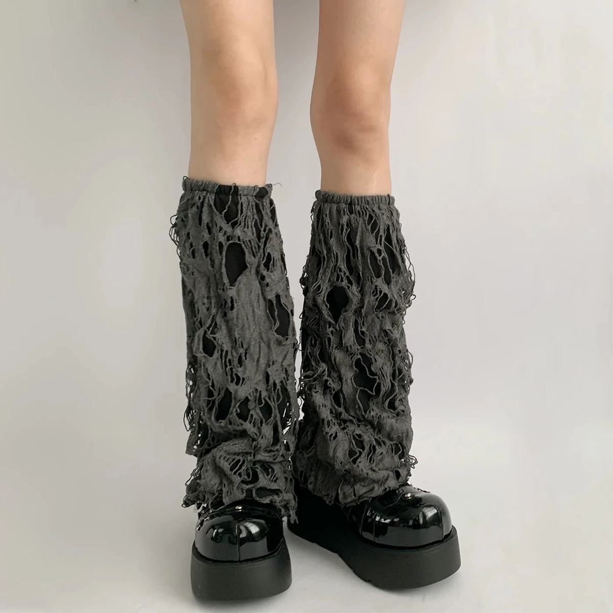 Black Distressed Knit Leg Warmers with Ripped Texture