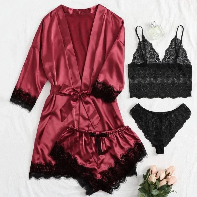 Women's Lace Trim Four Piece Pajama Set with Robe and Shorts