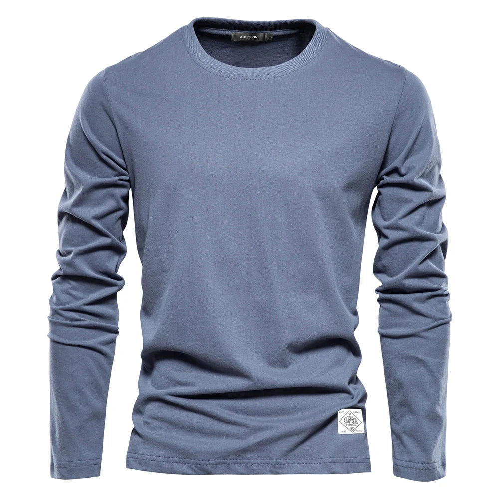 Men's Solid Cotton Crewneck Long-Sleeve T-Shirt