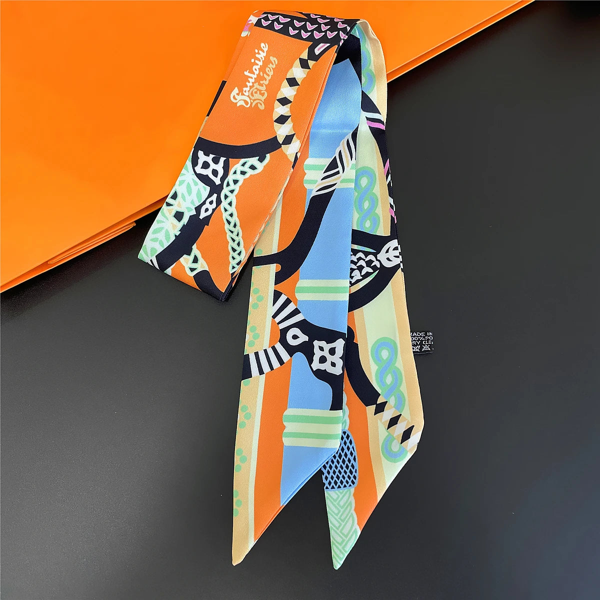 Colorful Printed Skinny Ribbon Scarf with Tie Ends