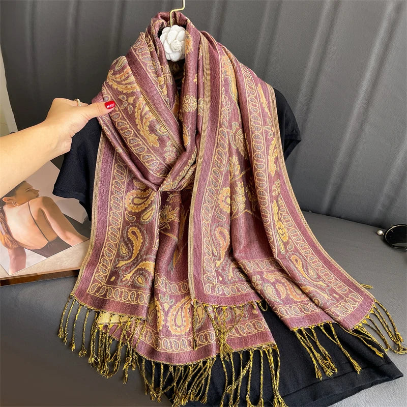 Paisley Floral Print Long Scarf with Fringed Ends