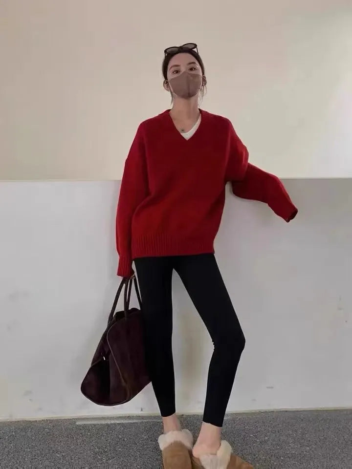 V-neck 100 pure wool sweater for women in autumn and winter, loose and thick sweater, long-sleeved knitted top