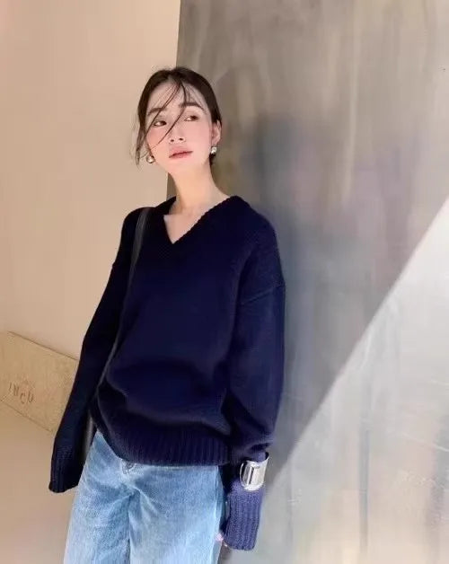 V-neck 100 pure wool sweater for women in autumn and winter, loose and thick sweater, long-sleeved knitted top