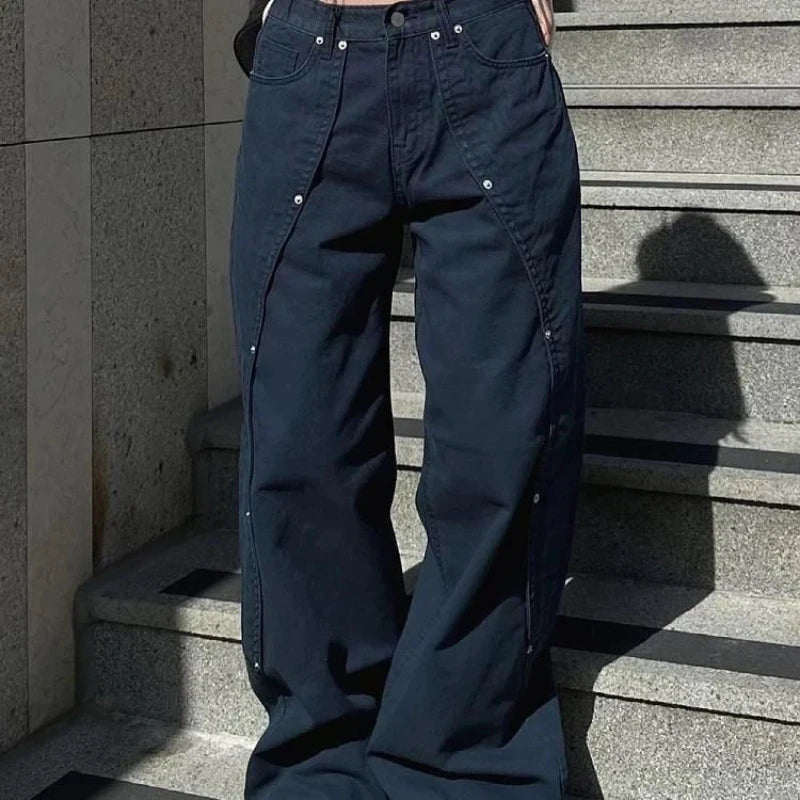 Women's Grommet Waist Black Wide Leg Denim Jeans