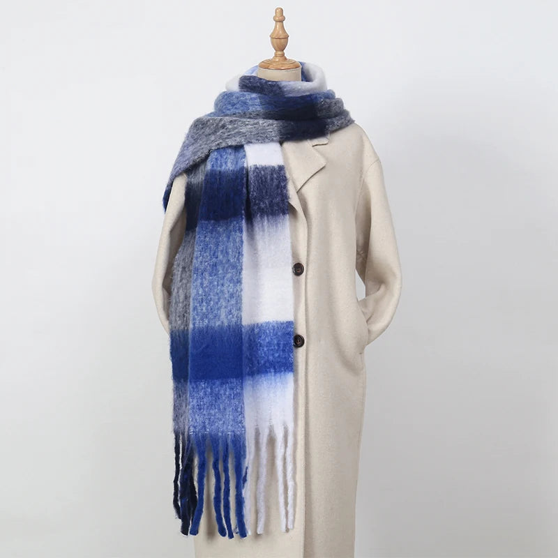 Multicolor Plaid Scarf with Long Shape and Fringed Ends