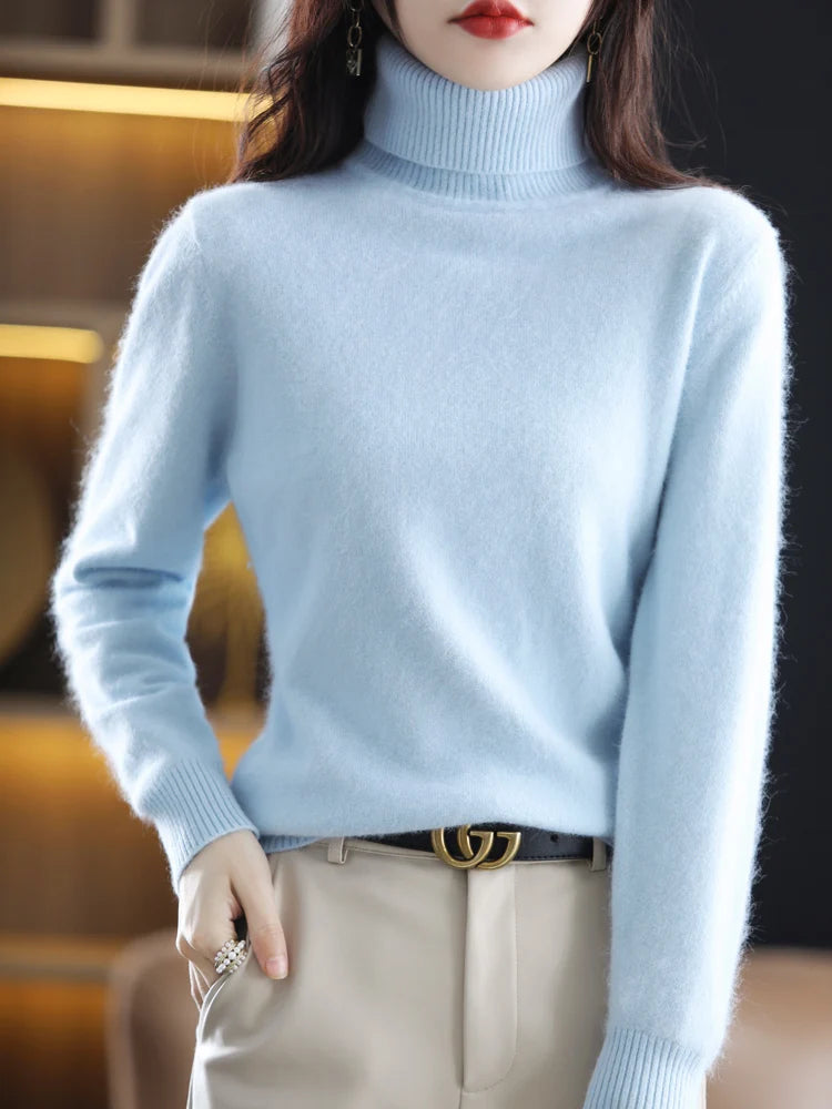 Women's Plain Roll Neck Long Sleeve Sweater Casual Knit Layer