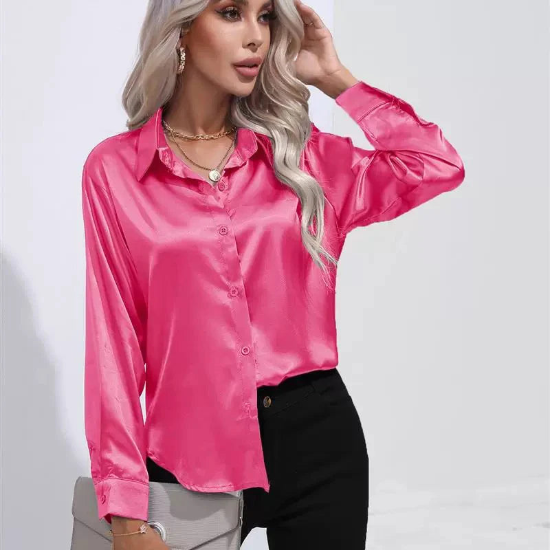 Women's Button Front Satin Look Shirt
