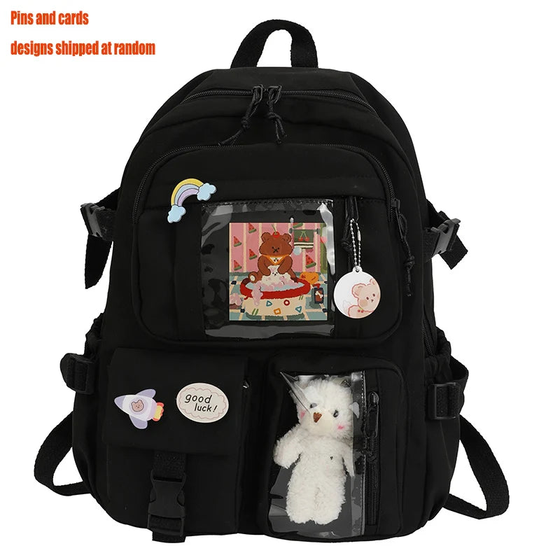 Multi-Pocket Student Backpack with Transparent Display Panels and Side Strap Details