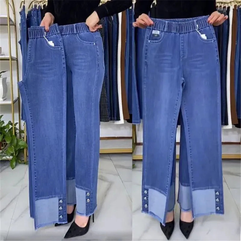 Women's Button Cuff Cropped Straight Leg Denim Jeans