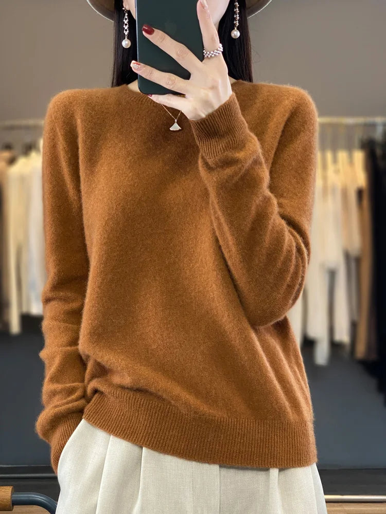 Women's Fluffy Round Neck Long Sleeve Sweater Casual Knit Layer