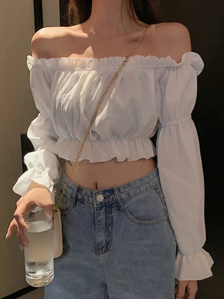 Women's Off-Shoulder Long-Puff-Sleeve Cropped Blouse in Polyester-Elastane Blend for Casual Summer Outfits