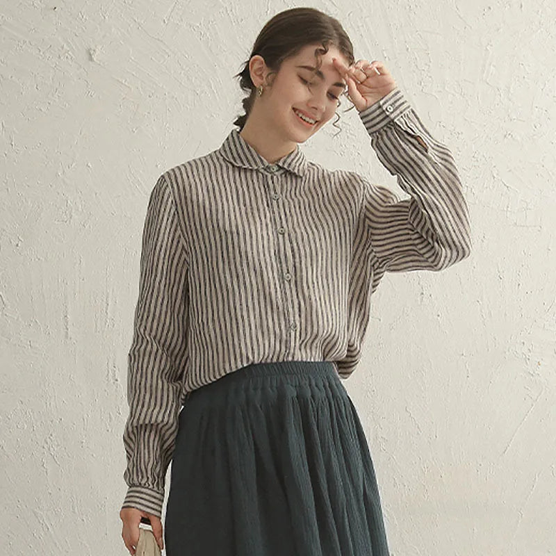 Women's Cotton-Linen Striped Long-Sleeve Shirt with Classic Collar for Casual Everyday Outfits