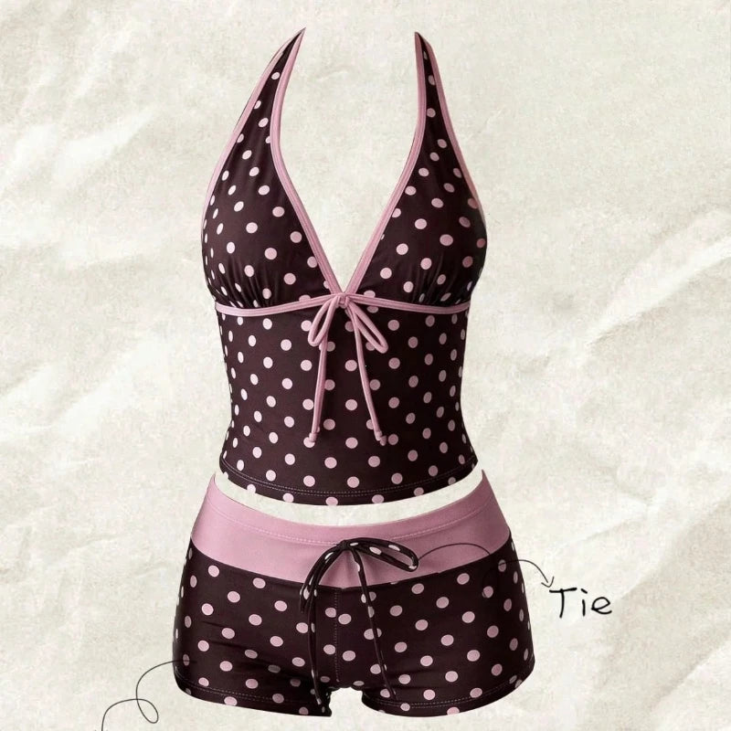 Polka Dot Halter Tankini with Swim Shorts