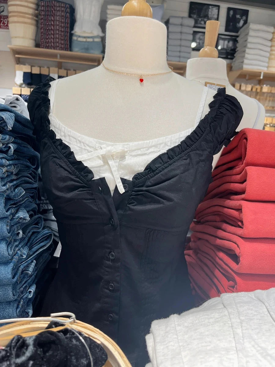 Women's Ruffled Cotton Sleeveless Blouse with Button Front and Mixed Pattern Options