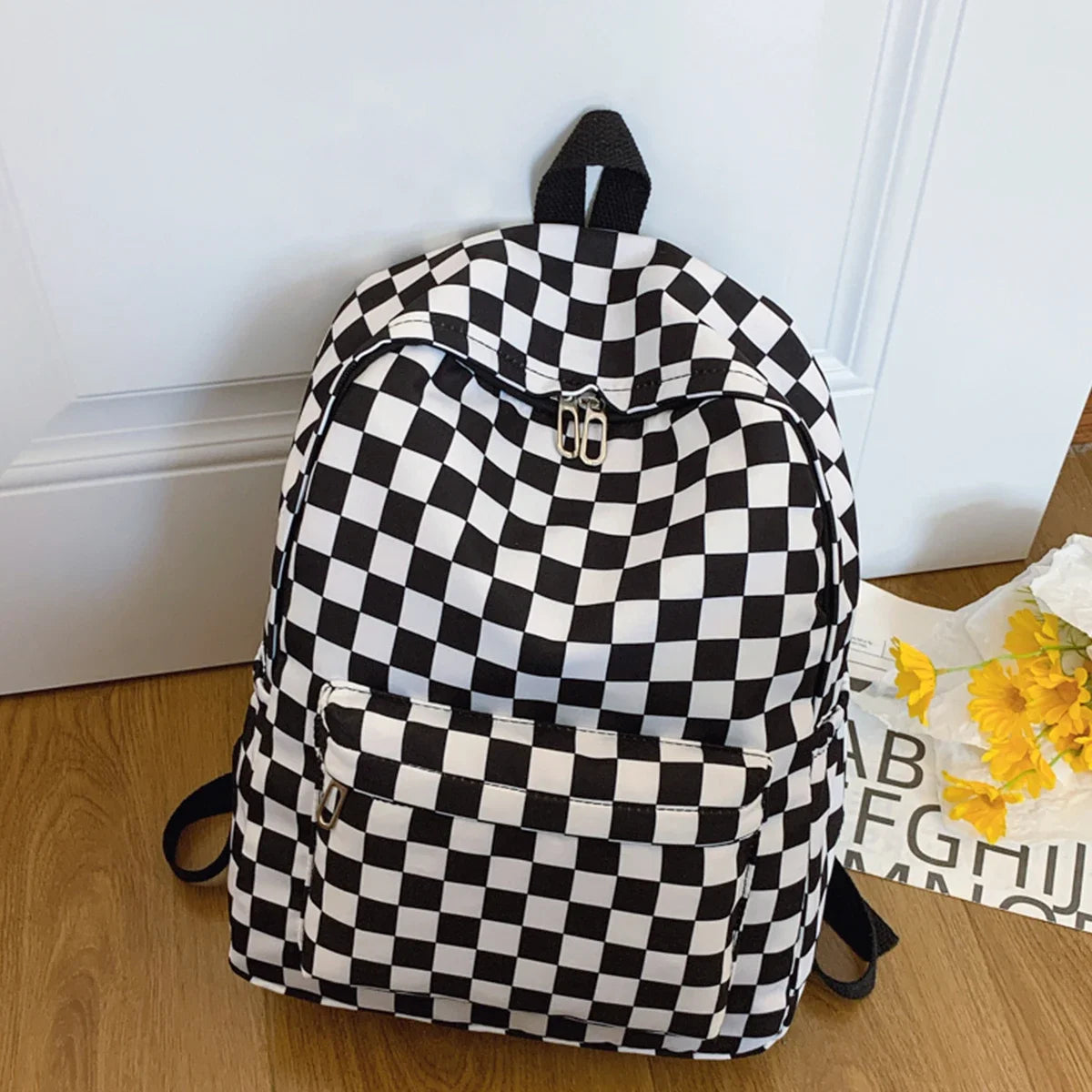 Women's Checkerboard Print Backpack with Front Pocket and Adjustable Shoulder Straps