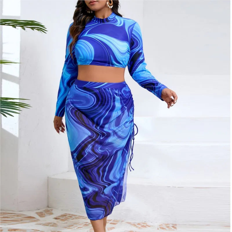Women's Printed Long Sleeve Bikini with Matching Wrap Skirt