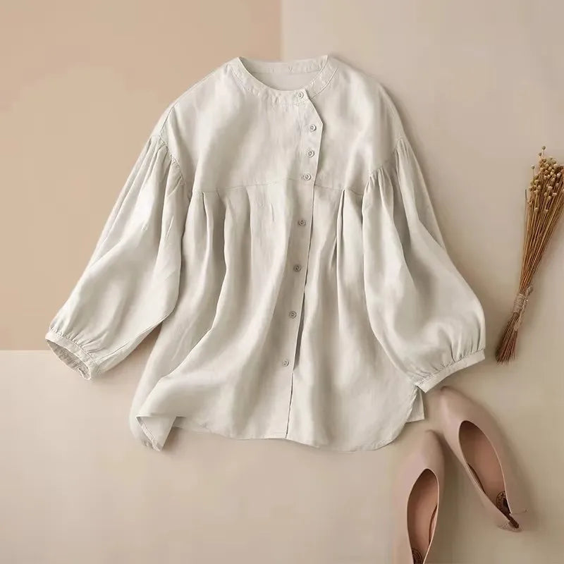 Women's Linen-Rayon Long-Sleeve Loose Round-Neck Blouse with Button Detail for Casual Outfits